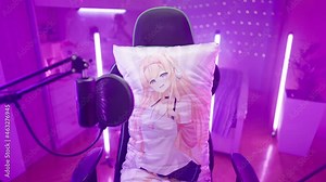 Anime girl body pillow on gaming chair interact surrounded with neon lights 4K