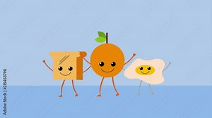kawaii cartoon breakfast orange bread and fried egg animation hd