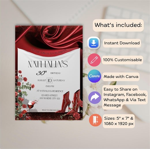 Red Rose Birthday Invitation | Elegant Milestone Invite (digital Download - Etsy