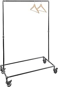 PIPE DECOR 39” x 20 ¼” x 58” Rolling Steel Pipe Clothing Rack, Commercial or Residential Industrial Clothes Display, Heavy Duty Black Steel Metal Wheeled Garment Frame