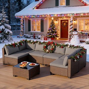 7 Piece Outdoor Patio Furniture Set, Asofer Rattan Wicker Outdoor Conversation Sectional Sofa Set, Gray