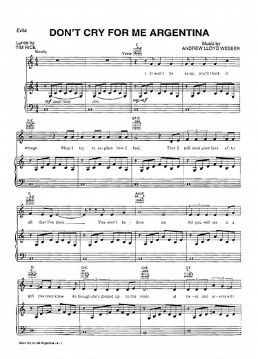 DON'T CRY FOR ME ARGENTINA Piano Sheet music | Easy Sheet Music