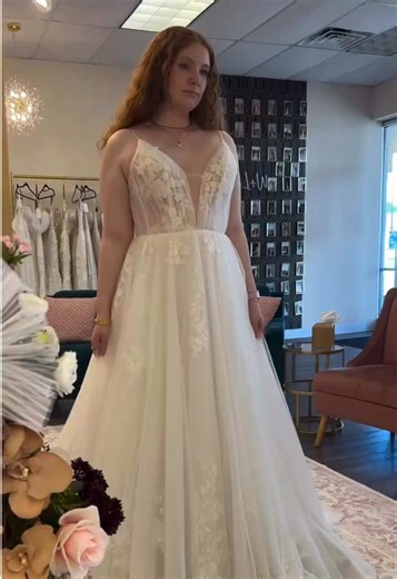 The perfect soft and feminine a-line wedding look. That train though... (insert drool) #weddingdress #wichitabridalshop #bride #weddingdressshopping #engaged