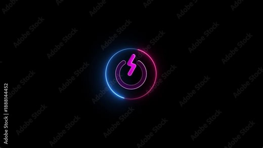 Neon power reset button sign icon animation switch start up neon screen turn on off button computer and mobile phone technology closed shutdown icon with black background.