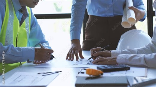Blueprint to Success: Architects and engineers collaborate meticulously on a construction project, their hands sketching and reviewing blueprints with precision.