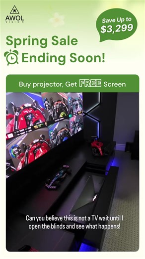 3K views · 34 reactions |  Unlock the Designer's Cinema Hack this Spring! ⏳ Multi-bundle savings: Up to $3,299！  Get a FREE 100"-130" Premium ALR Floor Rising Screen with the purchase of the Projector  Get a FREE 100"-150" Lenticular Cinematic ALR Screen with the purchase of the Projector  Hurry, supplies are limited – claim yours before it’s gone! | AWOL Vision | Facebook