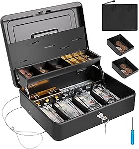 Large Cash Box with Security Cable & Coin Tray, Metal Money Box with Tray & Key Lock,Tiered Locking Cash Boxes,Portable Lock Safe Box, Adjustable Coin Box,Deluxe Metal Money Box,Black