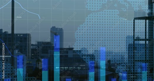 Faint grid appearing over city via glass, starting bars rising, map forming, lines tracing trends