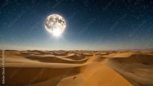 Desert time-lapse, super moon rising over expansive sand dunes, sky transitioning from twilight to deep night, stars twinkling, subtle fog/mirage effects, glowing moonlight reflecting off dune curves