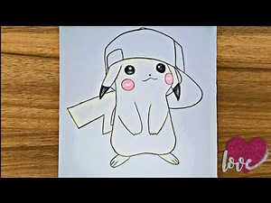 Cute Pikachu Drawing - Pikachu wearing Ash's Cap 🧢 |😍 Cutest & Easiest😃| Pokemon Pikachu Drawing ❤️