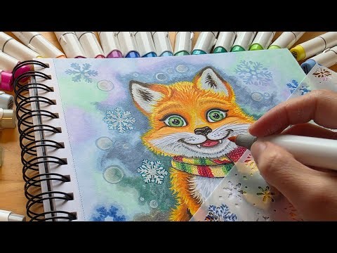 Draw and color a CUTE WINTER FOX using markers. Winterfox with scarf. How to draw a cute fox.