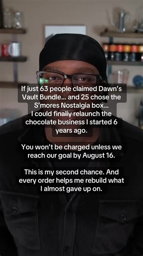I shut down my chocolate business a year ago. I was burnt out, overwhelmed, and couldn’t scale. But I never stopped dreaming about bringing it back. Now I’ve found a co-packer, rebuilt everything from scratch, and launched a Kickstarter to finally do it right. If just 63 people claim our Dawn’s Vault bundle… and 25 claim the S’mores box… we’ll reach our goal and relaunch. No charge today. Just a pre-order. Link in bio. Ends August 16. #kickstarter #smallbusiness #chocolatebars