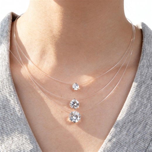 925 Sterling Silver Moissanite Floating Necklace, Mermaid Tears Pendant, Invisible Fishing Line Diamond Necklace,dainty Gift for Women - Etsy