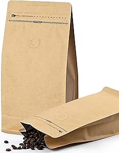 FireKylin 50 PCS Coffee Bags with Valve, (16 oz, 1 lb) Paper Stand Up Pouches, Resealable Vented Food Storage Bags Side Zipper (Kraft)