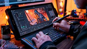 video game developer at the computer creating a game