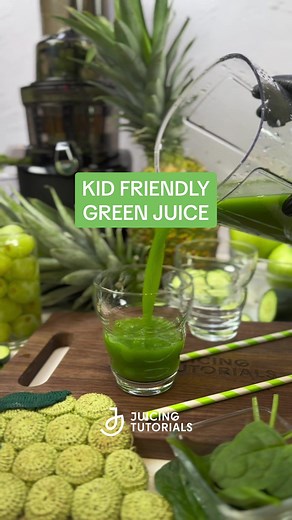 Kid Friendly Green Juice! Making healthy habits fun with this kid-friendly green juice! Packed with vitamins and nutrients, it's an easy way to sneak in those greens and fruits. Plus, it's a blast to juice together! #kidfriendly #kidfriendlyrecipe #kidrecipes #greenjuice #juicerecipe #juicingtitok #juicingtutorials