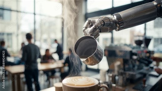 Robotic arm pouring steamed milk into a coffee cup to create latte art in a modern cafe, automation and future technology in the hospitality and service industry