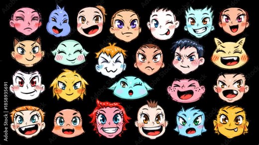A collection of stylized, cartoon faces with various expressions