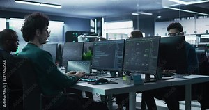 Group of Empowered Multicultural Men and Women Working in a Research Center, Using Computers to Run Advanced Software, Develop Artificial Intelligence Interface and Neural Network Blockchain