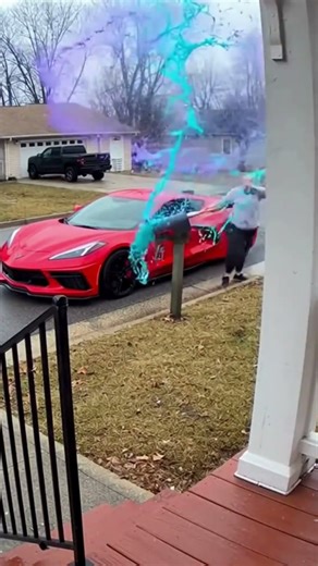 Mailbox Bat Attack BACKFIRES in a Blue Slime Explosion Red Corvette 💥 (Doorbell Cam) #Shorts