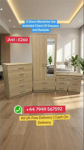 ✨ 2 Doors Wardrobe Set with Bottom Drawers ✨ Stylish and functional — includes a 2-door wardrobe with 2 bottom drawers, matching chest of drawers & bedside table. Fully assembled & ready to use — ideal for modern bedrooms! #BedroomSetUK #WardrobeGoals #TikTokFurniture #StorageStyle #ukhometrends