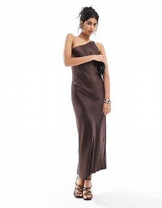 Object one shoulder satin maxi dress in brown | ASOS