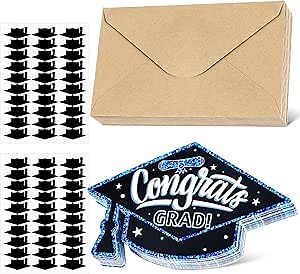 50 Pack Glitter Graduation Thank You Cards with Envelopes and Stickers 2025 Graduation Cap Greeting Cards Bulk for College High School Grad Party Favors
