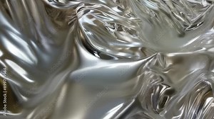 This close-up captures the mesmerizing patterns of a shiny silver liquid surface, reflecting light to create wave-like textures. The image showcases smooth, metallic ripples and highlights the