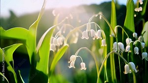 snowdrops with their delicate white bells illuminated by the morning sun in the rays of spring light. Concept: spring equinox and gardening, red book plants, endangered species
