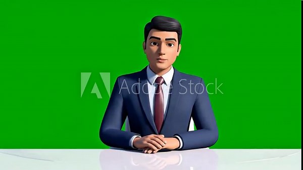 Animated News Anchor Character Presenting on a Green Screen Background.