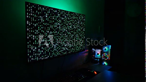 Dark Room with Computer Setup, Large Monitor Displaying Green Matrix Code, and Colorful LED Lighting, Emitting a Techy Ambiance.