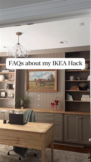 FAQs answered 👇 🤍✨ Also exact products linked in my LTK shop. Here’s the quick cheat sheet: • Bookcases: (2) @ikeausa HEMNES units • Base cabinets: (2) 15” SEKTION frames with doors shelves Base cabinets: (2) 15” SEKTIONMaximera frames with doors drawers • Countertop: A 12-foot white oak slab from @lumliquidators (my favorite!) • Faux Shiplap: @menardshomeimprovement find • Paint: @dutchboypaints “Seemingly Perfect” • Hardware: @stylentdecor from Amazon gems that look anything but budget • Lig