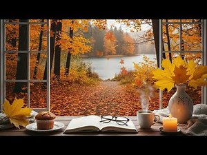 Cozy Autumn Window View with Coffee, ☕🍁 Books & Golden Leaves