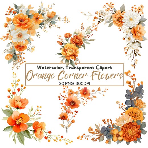 30 PNG ORANGE Watercolor Corner Border FLOWERS Clip Arts, Orange Coral Corner Wedding Florals, Watercolor Flower Border, Foliage Pastel - Etsy