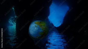 world in plastic bag drifting underwater representing ocean pollution with sun beams and rays backgrounds