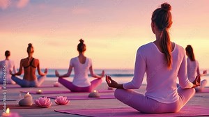 A group of women practice yoga on the beach at sunset. The soft light and calming colors create a peaceful atmosphere.