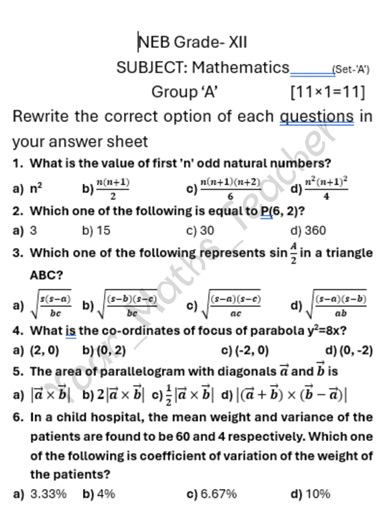 NEB Class-XII Basic Mathematics Question Set A