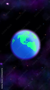 Earth Spinning, Earth planet Rotation Animation with outer space Background, stars and planets, Globe, World Map vertical Animation, 4k Animation