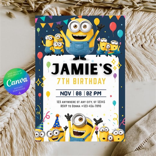Editable Minion Birthday Invitation: Printable Kids Party Invite (digital Download 5x7" Template) - Etsy