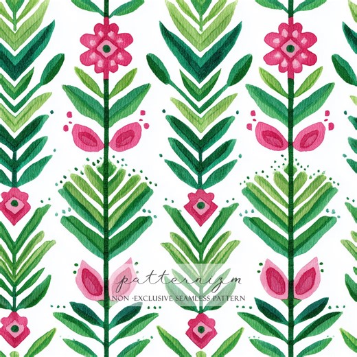 Folk Floral Stripe Seamless Pattern – Green Geometric Leaves With Pink Blooms, Painterly Digital Paper - Etsy
