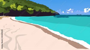 Cartoon background of a tropical beach with waves that periodically come ashore.