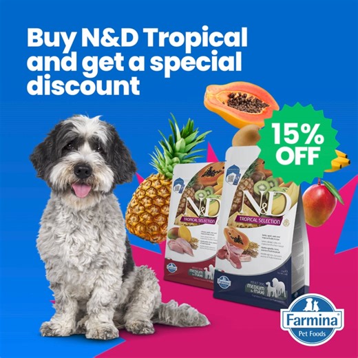 Has your pet already tried this new formula? ‍了 Get 15% off on Farmina N&D Tropical range, the perfect complete food for your pet, whatever the size, breed or age! Happy pet, happy you!  https://tinyurl.com/5bzkd7u6 | VetUK | Facebook