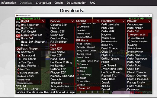 [Minecraft]1.14.4可用的pvp作弊端WWE Version: 2.7.2下载及安装教程/兼容Baritone 全自动挖矿脚本！
