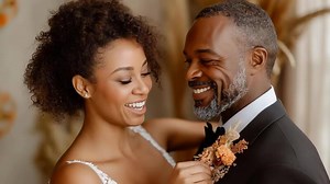 Download Bride and groom smiling joyfully on their wedding day, radiating happiness and love. The bride adjusts the grooms boutonniere, creating a warm and intimate moment for free