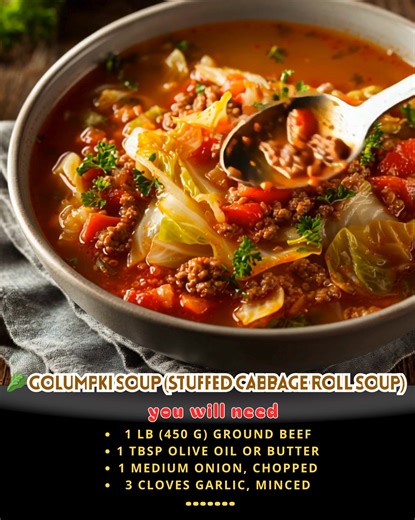 🥬 Golumpki Soup (Stuffed Cabbage Roll Soup) All the flavors of classic stuffed cabbage rolls — without all the rolling! 😋 This Golumpki Soup is a Polish-inspired favorite: tender cabbage, beef, rice, and tomato broth simmered together for the ultimate comfort bowl. 🥣✨ ✨ See More 👇 🥘 Ingredients For the Soup: 1 lb (450 g) ground beef 1 tbsp olive oil or butter 1 medium onion, chopped 3 cloves garlic, minced 4 cups cabbage, chopped (about ½ a medium head) 2 carrots, peeled & sliced 1 can (28