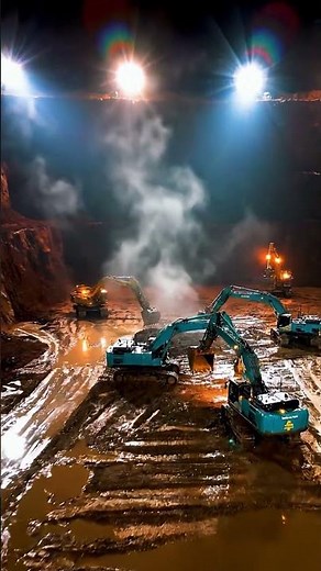Night Shift Power: Massive Excavators Conquer the Muddy Mine! 🌙