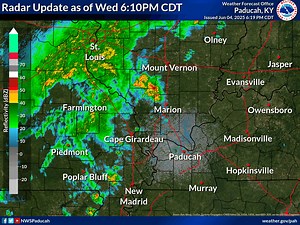***EXPIRED*** 6/4/2025 6:15 pm: Here's a look at radar this evening! A cluster of strong storms is lifting northeast toward Mount Vernon, IL with scattered storms moving through SEMO around the Bootheel. These storms will be capable of producing wind gusts of 40-50 mph along with heavy rainfall! | US National Weather Service Paducah Kentucky