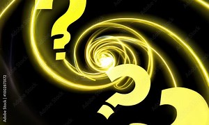 A swirling vortex of golden question marks against a transparent background. It represents uncertainty, curiosity, and the search for answers.