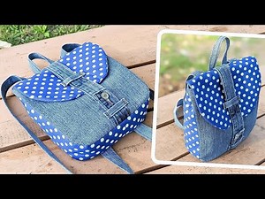 DIY Adorable Mini Denim and Polka Dot No Zipper Backpack Out of Old Jeans | Upcycle | Bag Tutorial