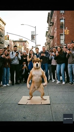 A dog wearing a cowboy hat dances on a cardboard mat in a busy city street while a cheering crowd